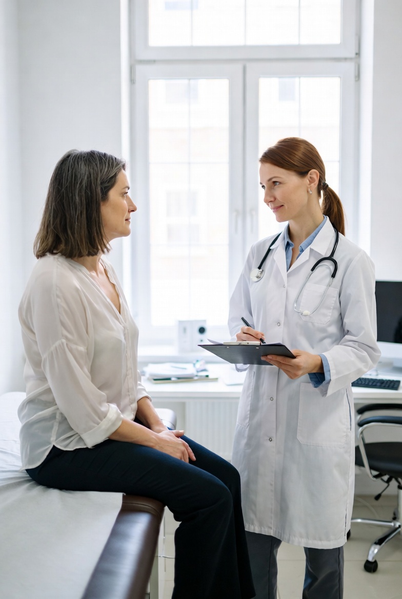 A woman in her late 40s or 50s talking comfortably with a physician in a bright, modern exam room, with a calm and welcoming feel.