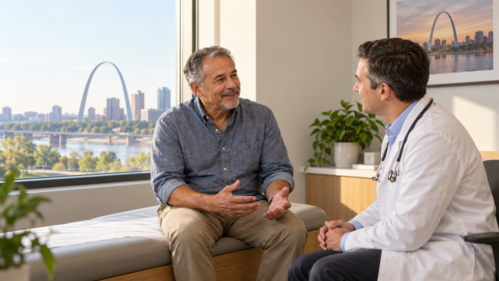 Middle-aged man talking with his primary care doctor during a relaxed visit in St. Louis